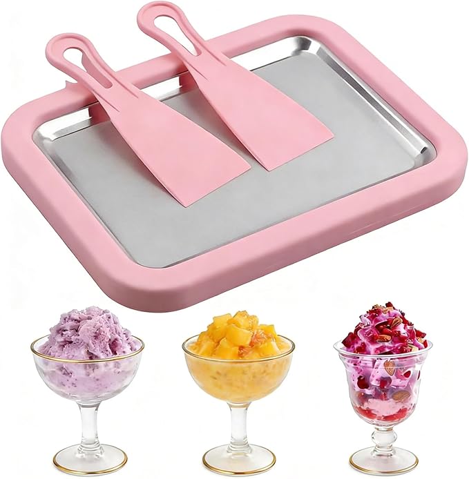 Rolled Ice Cream Maker, New Homemade Ice Cream Roller Maker, Instant Ice Cream Maker, DIY Fun Family Activity Rolled Ice Cream Tray for Yogurt, Sorbetand and Gelatod with 2 Scrapers(Pink)