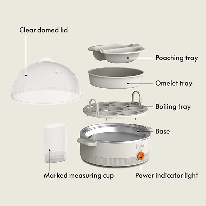 bella Electric Egg Cooker, 7 Eggs Capacity Tray, Single Stack, for Poached, Scrambled, Hard, Medium & Soft Boiled Eggs, Omelets and Steamed Dumplings, Auto Shutoff, 360 Watt, Oatmilk