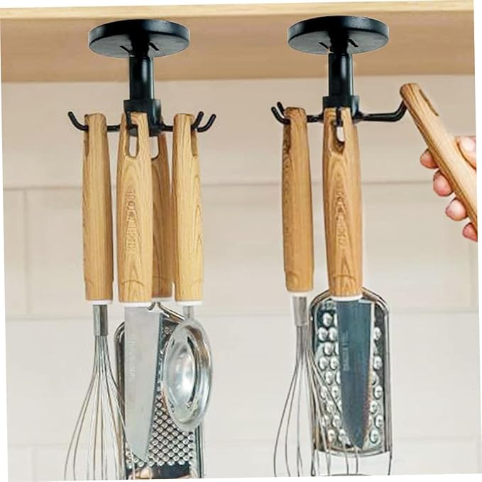 FRCOLOR 3pcs Rotating Kitchen Utensil Hooks Cabinet Hangers Black Under Cabinet Storage Organizer for Spatula Spoon and Knife