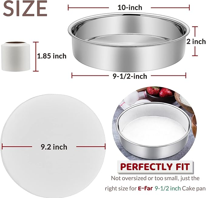 E-far 9½ Inch Cake Pan Set of 2, Stainless Steel Round Layer Cake Baking Pans with Parchment Rounds & Side Liner Roll, Non-Toxic & Healthy Metal Cakes Tin, Straight Side & Dishwasher Safe