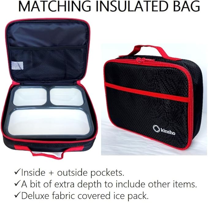 kinsho Lunch Boxes for Kids Boys Teens - Bento Box Set with Insulated Bag and Ice Pack, 3 Compartment Leak Proof Food Container, BPA-Free, Microwave Safe, Ideal for School & Work, Black & Red