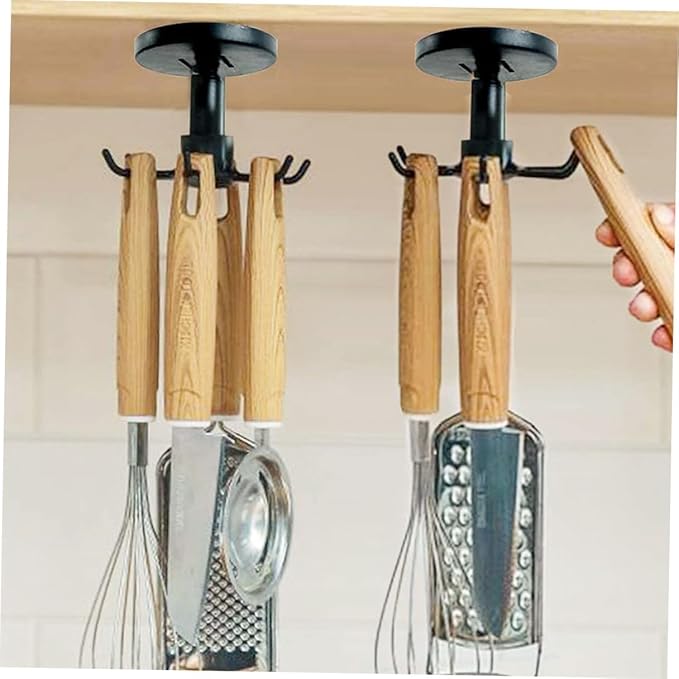 Zerodeko Rotatable Kitchen Utensil Hooks 3pcs Set Black Multi-Functional Wall Hanger Adhesive Under Cabinet Storage Organizer for Kitchen Tools and Measuring Spoons