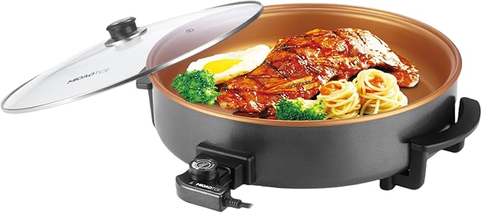 16" Extra Large Electric Skillet with lid, Ceramic Nonstick Coating Electric Frying Pan, 1500W Quick & Even Heating, 5 Adjustable Temperature Control, Tempered Glass Lid & Cool-Touch Handles