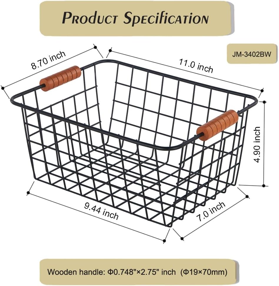 Wire Kitchen Storage Basket 2 Packs,Perfect Pantry Organization Accessories Baskets,Laundry Basket,With a Wooden handle,Suitable for Kitchen,Bathroom,Bedroom,Tabletop,Stackable,Black