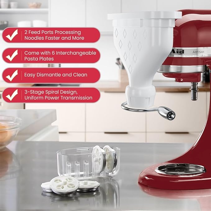 6-Piece Pasta Maker Attachment for KitchenAid Stand Mixer, Heavy Duty Homemade Pasta Press with Dual Feed Ports, Includes 6 Shaping Discs, Dishwasher Safe & Easy Clean Accessories