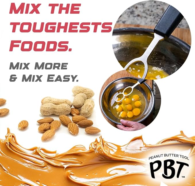 PBT - Peanut Butter Mixer, Stainless Steel Stirring Tool for Natural Peanut Butter, Dough, Yogurt, Sauces, and More - Fits Any Container Size, Less Mess, Dishwasher Safe (WHITE)