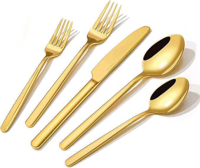 KINGSTONE Gold Silverware Set, 40 Piece Flatware Cutlery Set for 8, 18/10 Stainless Steel Silverware Mirror Polished Dishwasher Safe for Home, Restaurant, Wedding, Party(Gold, 40 pieces for 8)