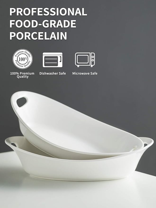 YHOSSEUN Large Serving Bowl with Handles, 1.5 Quarts Oval Serving Platter for Turkey, Thanksgiving Serving Dishes for Entertaining, Ceramic Salad Bowls Set of 2 White