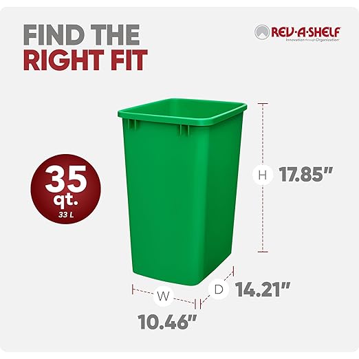 Rev-A-Shelf Polymer Replacement 35 Quart Trash Bin Recycle Waste Garbage Container for Kitchen Cabinet Pullouts, Green, 2 Pack, RV-35-19-2