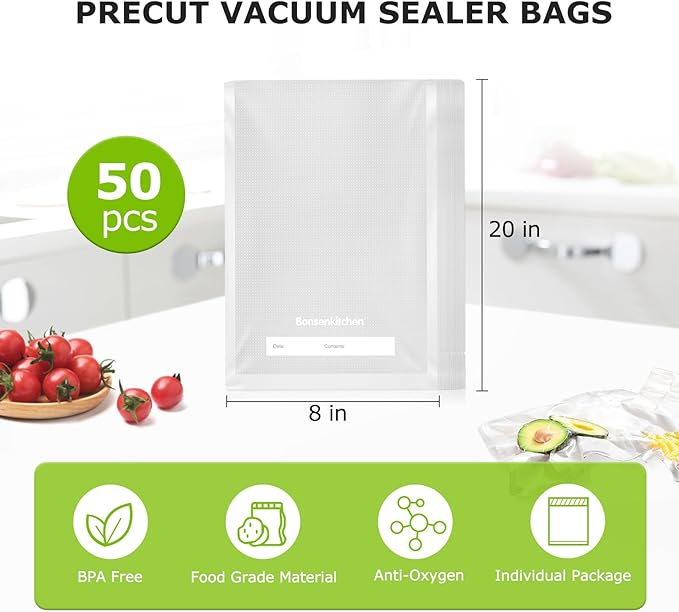 Bonsenkitchen Vacuum Sealer Bags, 50 Quart 8" x 12" Precut Food Sealer Bags, Commercial Grade, BPA Free, Heavy Duty, Customized Size Vacuum Bags for Vac Storage, Meal Prep or Sous Vide Cooking, VB12
