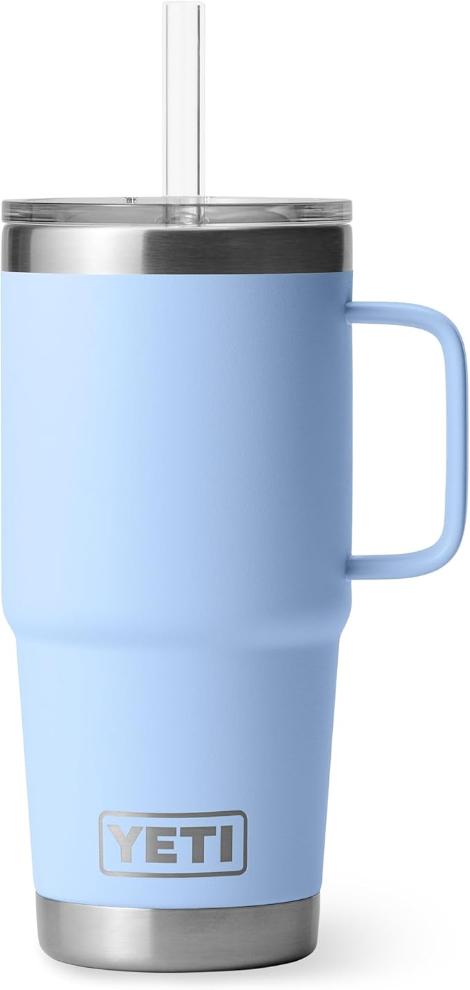YETI Rambler 25 oz Tumbler with Handle and Straw Lid, Travel Mug Water Tumbler, Vacuum Insulated Cup with Handle, Stainless Steel, Big Sky Blue