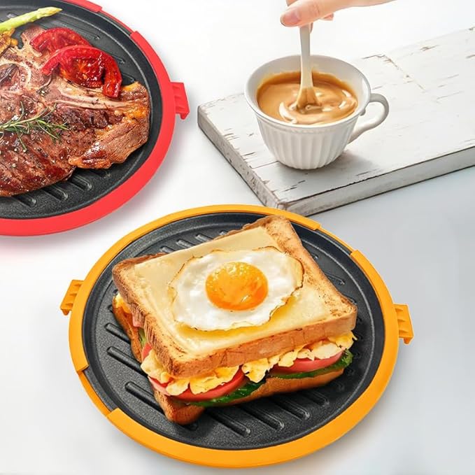 9.5" Microwave Grill Pan & Crisper Tray - 5-in-1 Nonstick Sandwich Maker, Pizza Pan & Bacon Cooker with lid,Dishwasher Safe Griddle for Grilled Cheese - College Dorm Room & Office Essentials