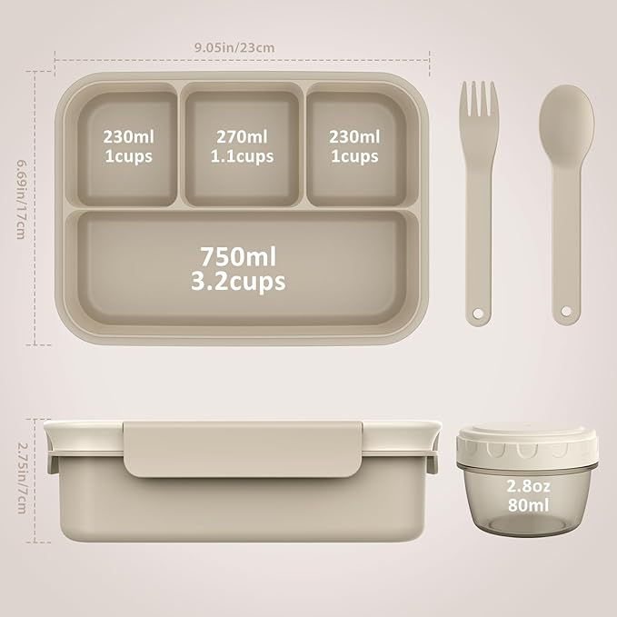 Caperci Bento Box Adult - 50 oz Large Lunch Containers for Adults and Teens, 4-Compartment Bento Lunch Box with Utensils & Leak Proof Sauce Cup, Dishwasher Safe, Durable, BPA-Free (Mocha)