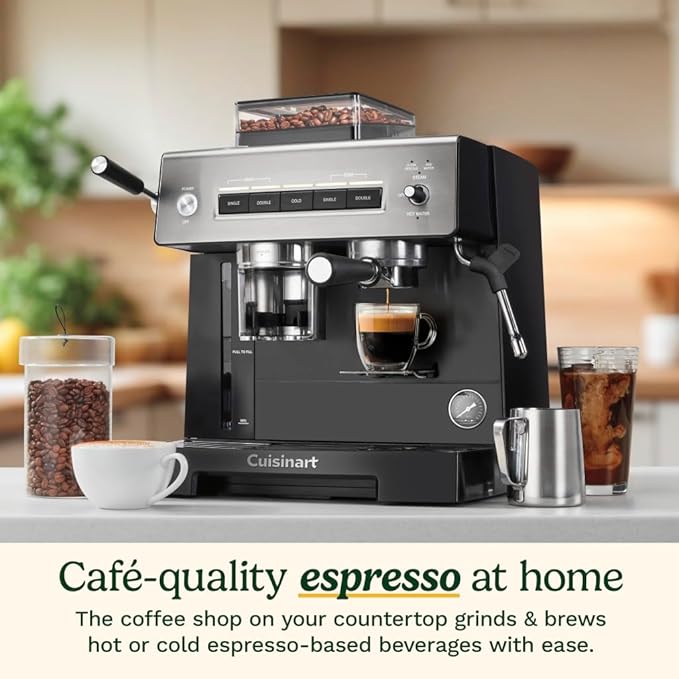 Cuisinart Espresso Bar Grind & Brew Espresso Machine, 16 Grind Settings from Fine to Coarse, Makes Hot or Cold Cafe-Quality Beverages at Home Including Cappuccino, Lattes and Cold Coffee, EM-640