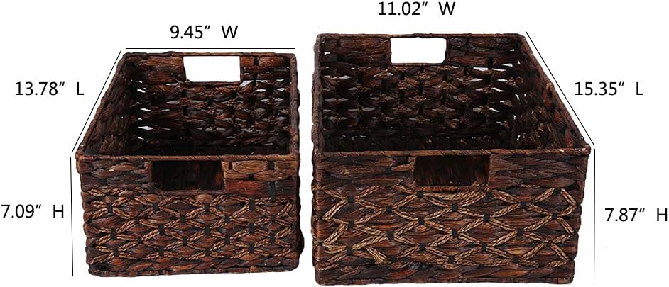 Rectangular Woven Water Hyacinth Basket,Dark Storage Basket With Inside Handle Shelves Kitchen Office Desk (Set of 2)