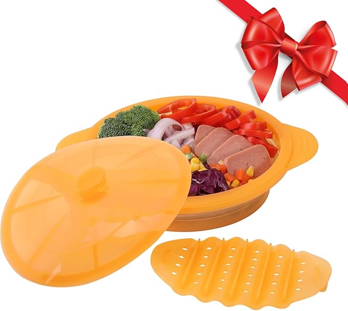 Microwave Steamer Cooker Collapsible Bowl-Silicone Steamer Cookware with Handle Lid for Vegetables Fish Prep Meal Food with Removable Rack BPA Free, Easy to Store, Freezer & Dishwasher Safe, Orange