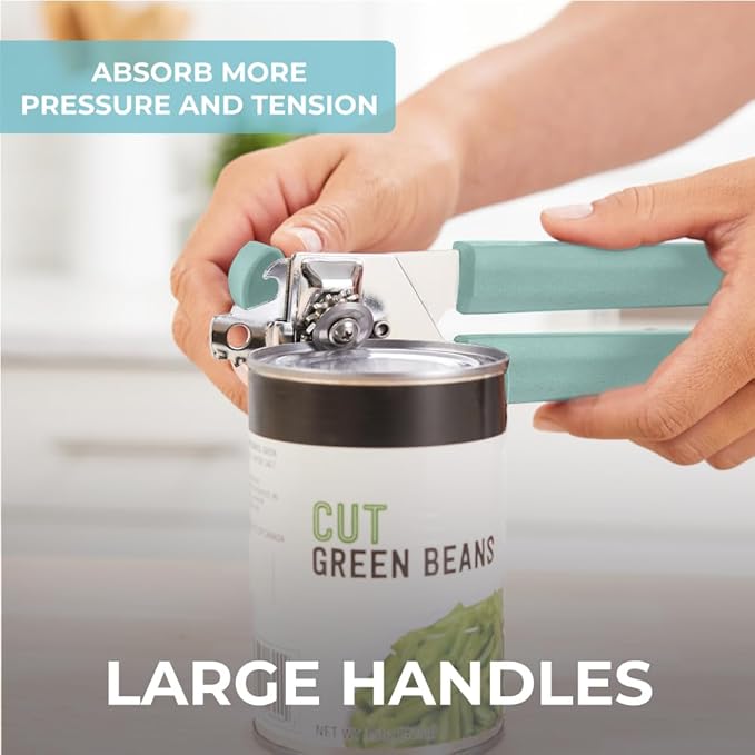 Kitchen Genie Heavy Duty Stainless Steel Manual Can Opener, Strong Blade for Smooth Edge Cuts, Open Cans Easily, Slip-Resistant Ergonomic Handle, Easy Turn Knob, Bottle Openers Included, Mint
