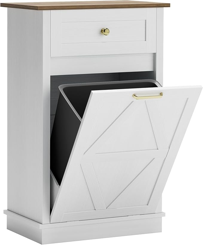 JUMMICO Tilt-Out Trash Can Cabinet, 10 Gallon Laundry Hamper Cabinets with Drawers, for Kitchen, Dining Room and Living Room (White, 1 Piece)