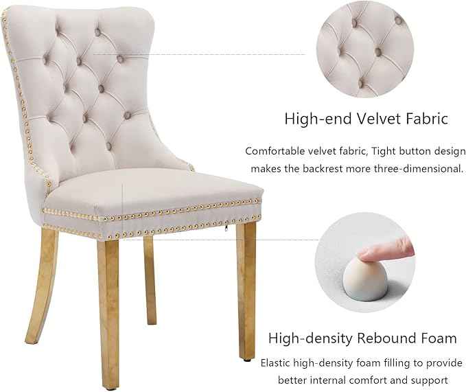 Beige Velvet Dining Room Chairs Set of 2, Upholstered Dining Chairs with Back Ring Pull Trim and Golden Stainless Steel Legs,Modern Kitchen Chairs for Dining Room,Living Room,Kitchen(Beige)