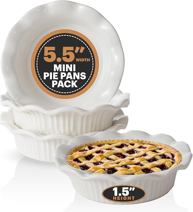 Aunt Shannon's Kitchen White Ceramic Mini Pie Pans - Set of 4 - Small 5.5 Inch Pie Pans with Classic Fluted Rims - Individual Pot Pie Pans for Pot Pies, Quiches, Puddings - Pot Pie Baking Dishes