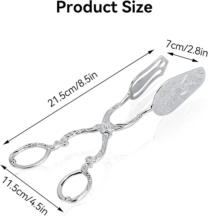9in Vintage Salad Tong for Serving, Zinc Alloy Silver Food Serving Tongs Salad Steak Clip Buffet Tongs for Buffet Catering Bread BBQ, 8.5x4.5in