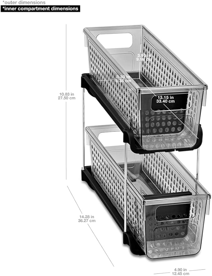 madesmart Mini 2-Tier Organizer, Multi-Purpose Slide-Out Storage with Handles for Home and Bath, Carbon, Pack of 4