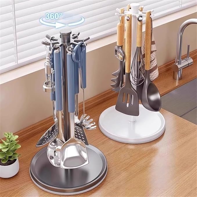 Rotatable Hanging Organizer with 8 Hooks for Kitchen Utensils, 360 Degree Swivel Countertop Holder for Cooking Tool Storage (White)