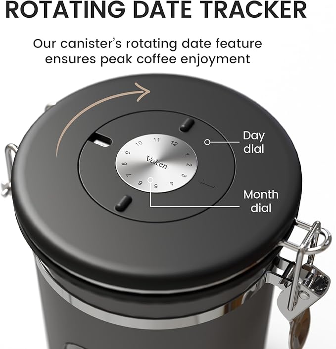 Veken Large Coffee Canister with Window, Kitchen Food Storage Airtight Stainless Steel Container for 2.2lbs Coffee Beans, Grounds, Rice,Tea, Flour, Cereal, Sugar Jars,Date Tracker and Scoop 39oz,Black