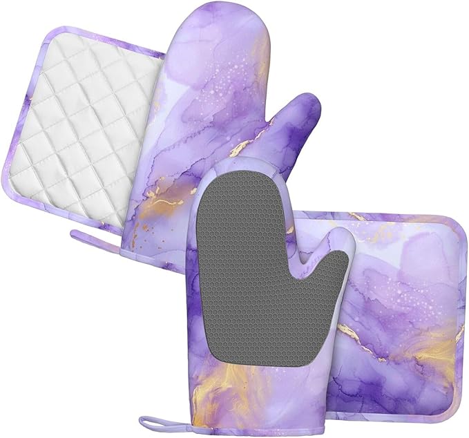 Oven Mitts and Pot Holders Pastel Purple Marble Silicone Kitchen Accessories Set of 4 Heat Resistant Long Gloves Potholder Non-Slip Grip for Chef Cooking Baking Grilling BBQ
