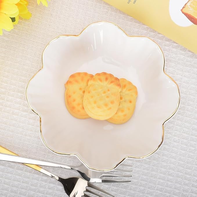 Porcelain Serving Dish,Ceramics Flower Relish Tray with Metallic Rim,Serving Bowls for Wedding,Party Perfect for Small Cereal, Pasta, Salad, Candy and Snacks White 6.6 inch (6.6 inch)