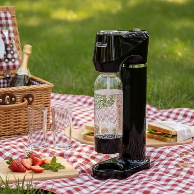Home Sparkling Water Soda Maker with 2 BPA-Free Bottles (1L + 0.5L) - Carbonated Water Seltzer Fizzy Drink Machine, Compatible with Screw-In 60L CO2 Carbonator (Not Included), Black