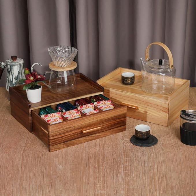 Tea Organizers and Storage Box Tea Station organizer for Countertop with 4 Cotton Woven Coasters Acacia Wood Tea Bag Organizer Drawer Teabag Holder with 8 Compartments Wooden Sugar Packet Holder