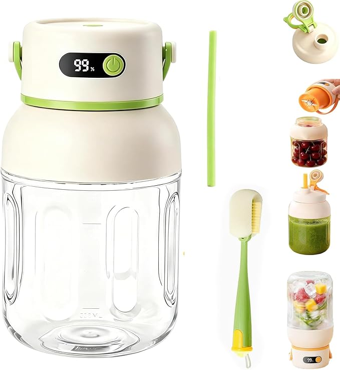 Portable Electric Juicer Cup with Zero Cord Hassle, 33 Oz Cordless Personal Juicer Cup, Digital Display Portable Juicers Blender with Stainless Steel Blades, USB-C (green-1200ml)