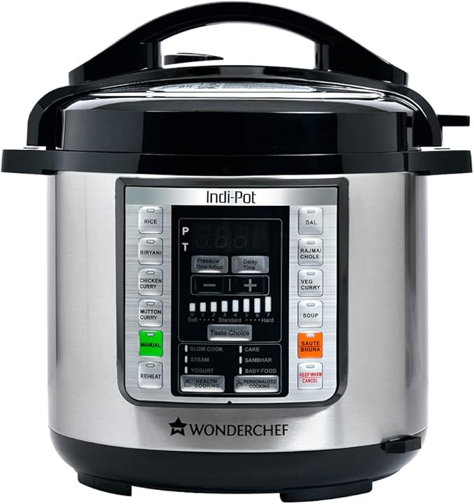 Wonderchef 6 Quart Indian Cooking Multi-use Programmable 7-in-1 Stainless Steel Pressure Cooker, Steamer, Yogurt Maker, Sauté, Rice Cooker, Warmer and Slow Cooker; 6-quarts