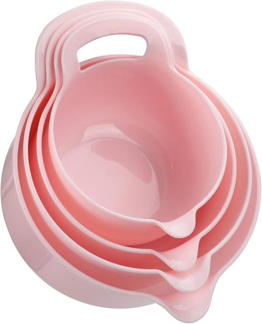 BoxedHome 4 Pack Nesting Mixing Bowl with Pour Spout and Handle, BPA free Microwave & Dishwasher Safe(Pink, 4 Pack with Handle)