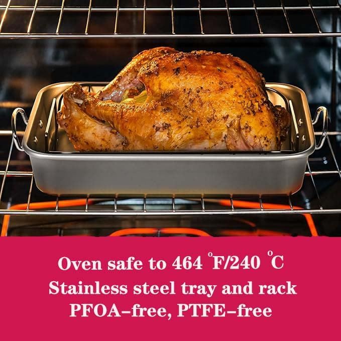 16" Premium Stainless Steel Roaster Pan Set with Baking & V-Shaped Racks - Heavy Duty, Healthy & Dishwasher Safe for Turkey, Chicken