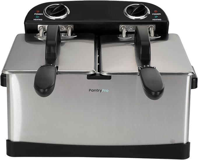 PantryPro 4 Liter / 4.2 Quart Stainless Steel Dual-Tank Electric Deep Fryer, 1800 W, Dual Temperature Control, 2 Baskets, Odor Filter