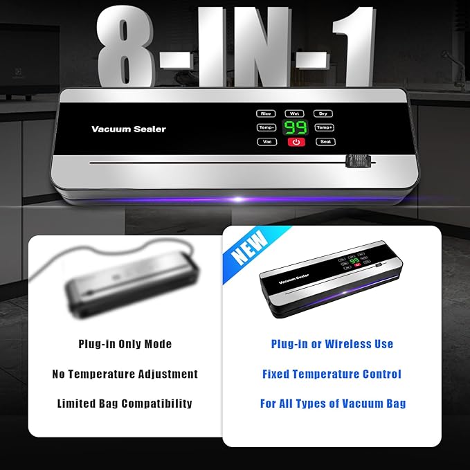 Cordless Vacuum Sealer Machine with UV-C Light, Digital Display & Built-in Cutter, Compact Rechargeable Food vacuum Sealer for Dry & Moist Foods, Includes 10 Pre-cut Bags & 1 Roll Bag (Black)