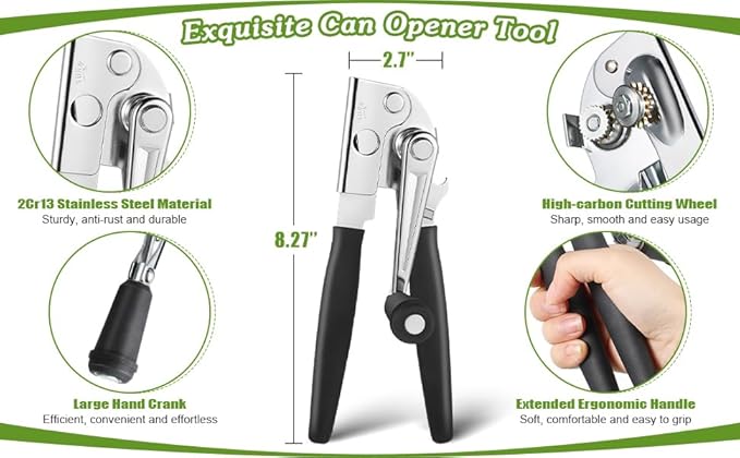 Crank Handle Commercial Can Opener - Heavy Duty Manual Can Opener - Ergonomic Cushioned Handle - Stainless Steel Blade - Black