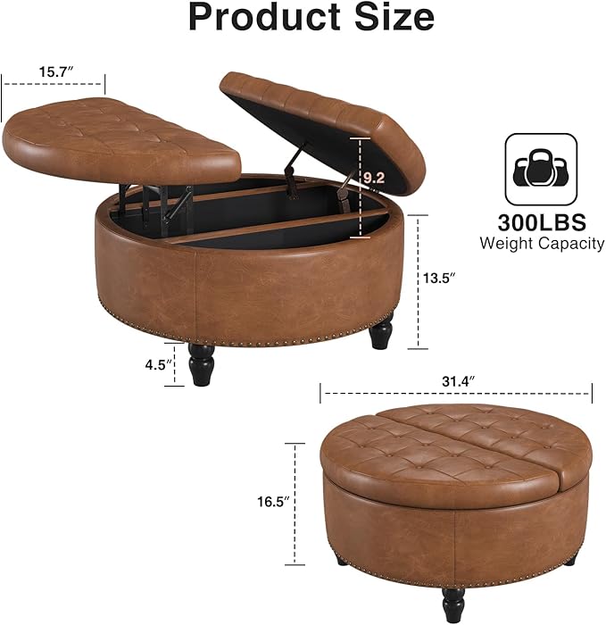 30 Inch Large Round Ottoman with Storage, Modern Leather Ottoman Coffee Table with Lift Top, Upholstered Button Tufted Footrest Stool Toy Blanket Storage for Living Room, Brown