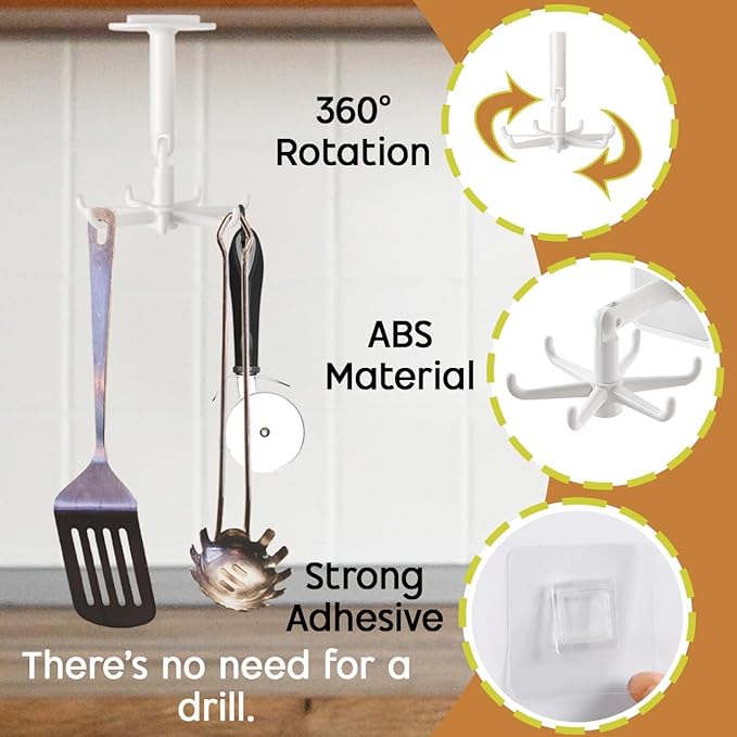 2 Pack Rotating Adhesive Hook Hanger – 10-Hook Kitchen & Bathroom Organiser, Under Cabinet Storage for Utensils, Towels & Tools, Space-Saving Swivel Hooks for Home & Garage