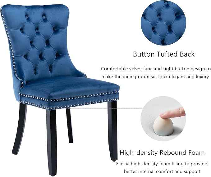 Upholstered Dining Chairs Set of 2, Velvet Dining Room Chairs with Back Ring Pull Trim and Solid Wood Legs, Tufted Wingback Kitchen Chair Perfect for Dining Room,Living Room,Kitchen(Blue)