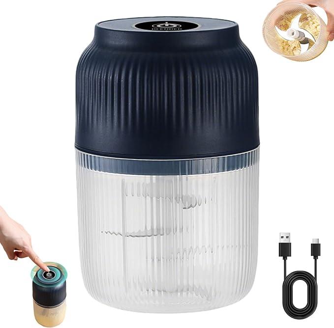 2026 Upgraded Electric Garlic Chopper 320ML Mini Food Processor, 6 Stainless Steel Blades, USB Rechargeable Portable Cordless Veggie Vegetable Onion Nut Meat Grinder, One blue Six blades & egg beater