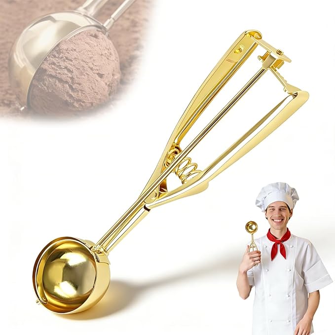 Gold Ice Cream Scoop 304 Stainless Steel Cookie Scoops for Baking Melon Baller with Trigger 3 Sizes (Gold, L)