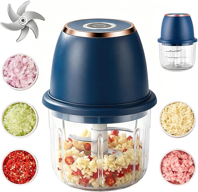 Electric Garlic Chopper, 2026 Upgraded Mini Food Processor 350ml, Cordless USB Rechargeable Food Chopper with 6 Stainless Steel Blades & Thickened Glass for Garlic Ginger Nuts Meat (350ml-Blue)