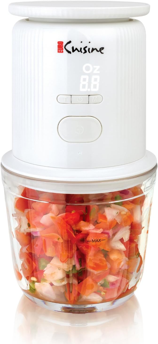 Euro Cuisine RFCX12 Cordless Rechargeable Food Chopper Garlic Peeler with Built In Digital Scale, 2 Bowls, 2 Blades, electric mini garlic chopper Mini Food Grinder Chopper Blender Electric