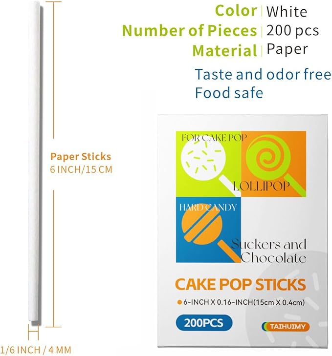 200 Count 6 INCH White Paper Lollipop and Cake Pop Sticks,Sucker Sticks for Cookies,Rainbow Candy,Chocolate,Cake Topper(Dia 4mm)