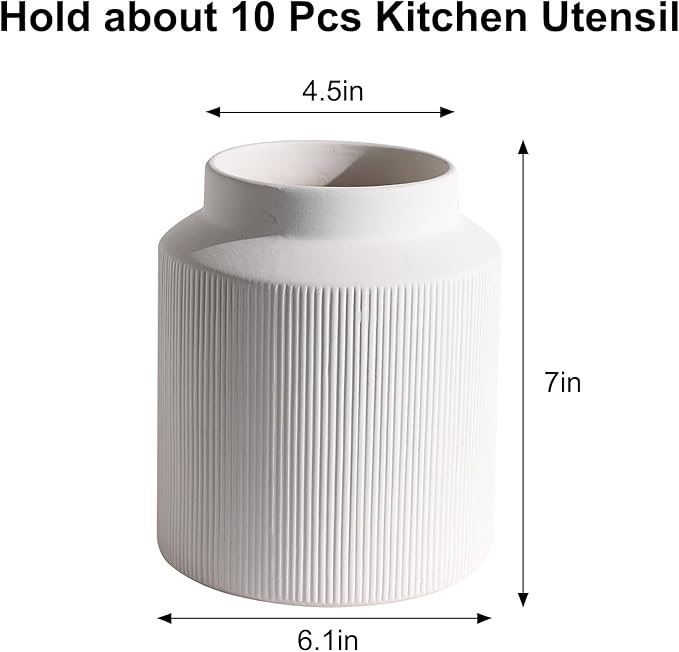 Farmhouse Ceramic Farmhouse Kitchen Utensil Holder for Countertop, Rustic Cooking Utensil Holder Crock Fit for Kitchen Counter. White 6.1 x 6.1 x 7 IN