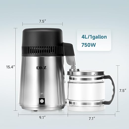 CO-Z 4L Brushed Stainless Steel Countertop Distiller Machine, Home Distilled Water Maker with Glass Pot, Purifier to Make Clean Water