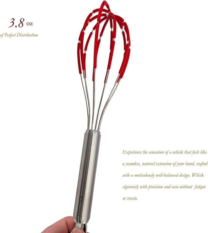 Balloon Silicone Egg Whisk with Spatula Scraper Wires, 18/10 Stainless Steel, Non-Stick Pan Safe, Ergonomic Tube Handle Perfect for Blending, Whisking, Beating and Stirring, 11 inch (Red)
